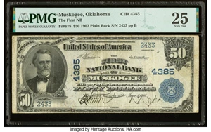 image for: Muskogee, OK - $50 1902 Plain Back Fr. 678 The First National Bank Ch. # 4385 PMG Very Fine 25....