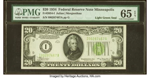 image for: Fr. 2054-I $20 1934 Light Green Seal Federal Reserve Note. PMG Gem Uncirculated 65 EPQ....