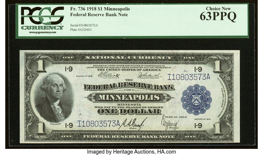 image for: Fr. 736 $1 1918 Federal Reserve Bank Note PCGS Choice New 63PPQ....