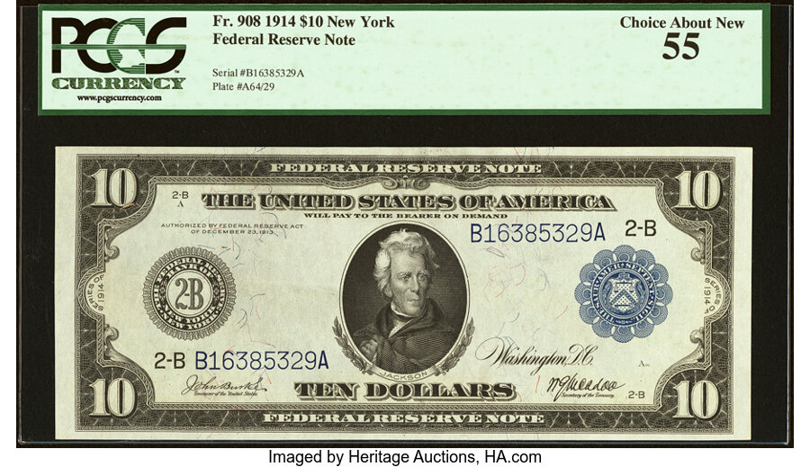 image for: Fr. 908 $10 1914 Federal Reserve Note PCGS Choice About New 55....