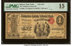 image for: Ithaca, NY - $1 Original Fr. 380a The Tompkins County National Bank Ch. # 1561 PMG Choice Fine 15....