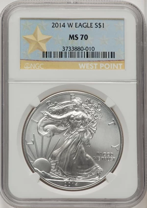 image for: 2014-W $1 Silver Eagle, West Point, Burnished MS70 NGC....