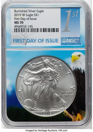 image for: 2019-W $1 Silver Eagle, Burnished, First Day of Issue, MS70 NGC....