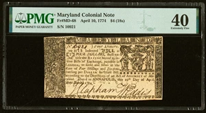 image for: Maryland April 10, 1774 $4 PMG Extremely Fine 40....