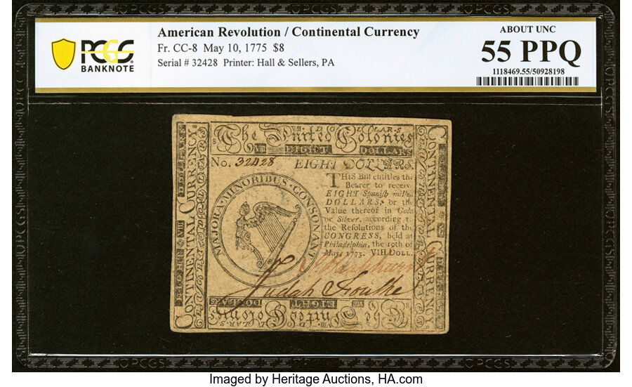 image for: Continental Currency May 10, 1775 $8 PCGS Banknote About Unc 55 PPQ....
