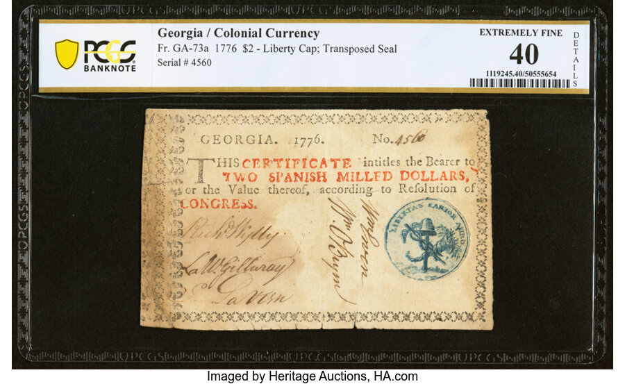 image for: Georgia 1776 $2 Blue Seal Liberty Cap PCGS Banknote Extremely Fine 40 Details....