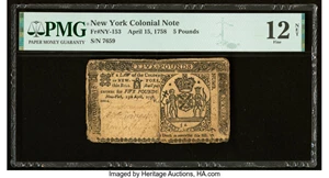 image for: New York April 15, 1758 £5 PMG Fine 12 Net....