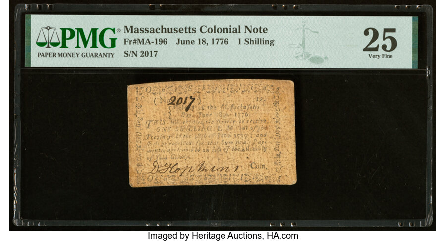 image for: Massachusetts June 18, 1776 1s PMG Very Fine 25....