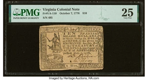 image for: Virginia October 7, 1776 $10 PMG Very Fine 25....
