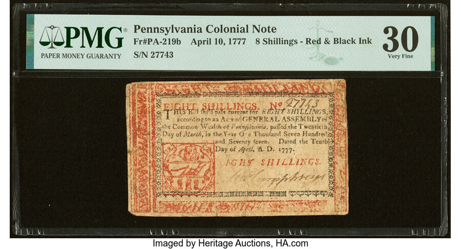 image for: Pennsylvania April 10, 1777 8s PMG Very Fine 30....