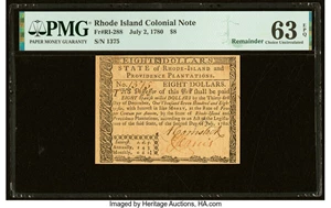 image for: Rhode Island July 2, 1780 $8 Remainder PMG Choice Uncirculated 63 EPQ....