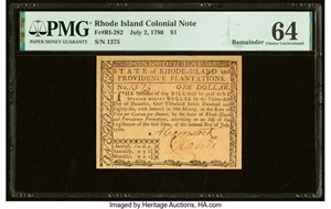 image for: Rhode Island July 2, 1780 $1 Remainder PMG Choice Uncirculated 64....