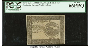 image for: Continental Currency April 11, 1778 $4 Blue Counterfeit Detector PCGS Gem New 66PPQ....