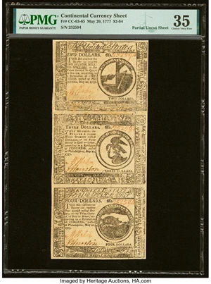 image for: Continental Currency May 20, 1777 $2-$3-$4 Partial Uncut Sheet of Three PMG Choice Very Fine 35....