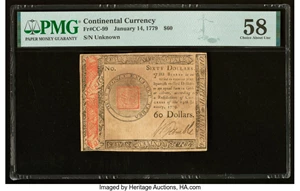 image for: Continental Currency January 14, 1779 $60 PMG Choice About Unc 58....
