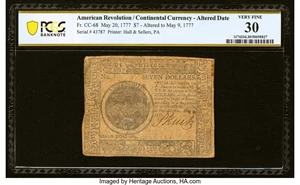 image for: Continental Currency May 20, 1777 Altered to May 9, 1777 $7 PCGS Banknote Very Fine 30....