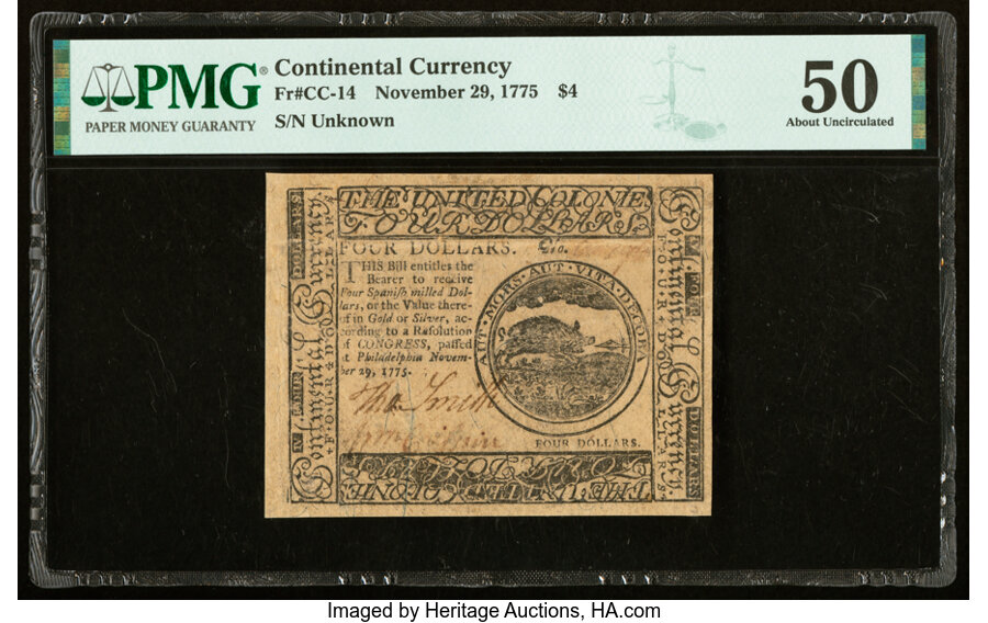 image for: Continental Currency November 29, 1775 $4 PMG About Uncirculated 50....