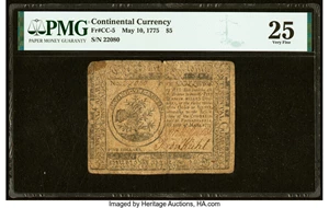image for: Continental Currency May 10, 1775 $5 PMG Very Fine 25....