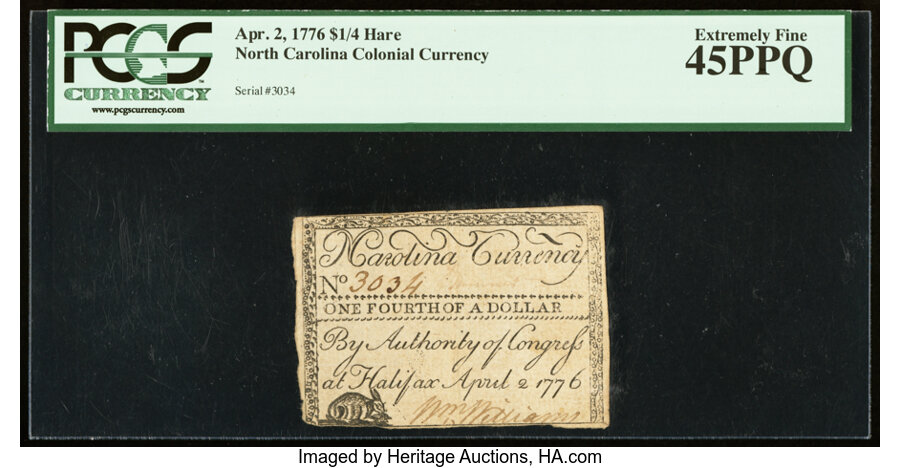 image for: North Carolina April 2, 1776 $1/4 Hare PCGS Extremely Fine 45PPQ....