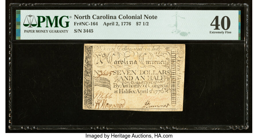 image for: North Carolina April 2, 1776 $7 1/2 U.S. Flag with Thirteen Stripes and Union J PMG Extremely Fine 40....