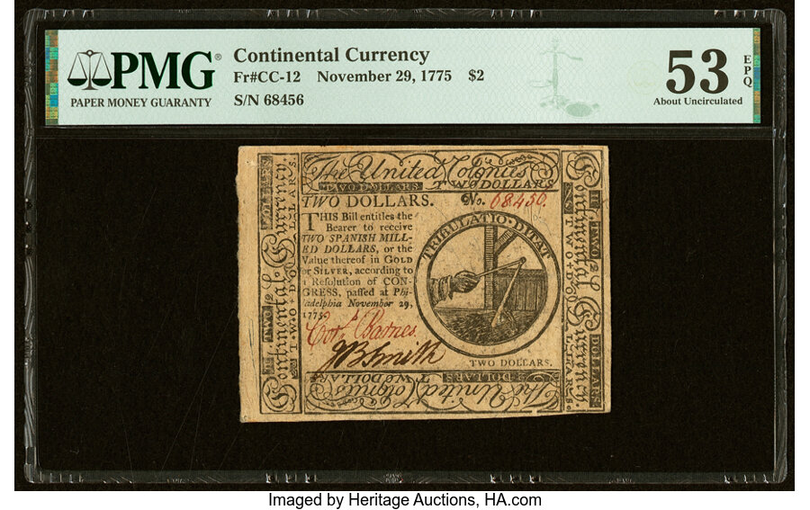 image for: Continental Currency November 29, 1775 $2 PMG About Uncirculated 53 EPQ....