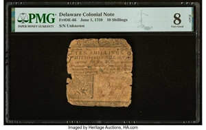 image for: Delaware June 1, 1759 10s PMG Very Good 8 Net....