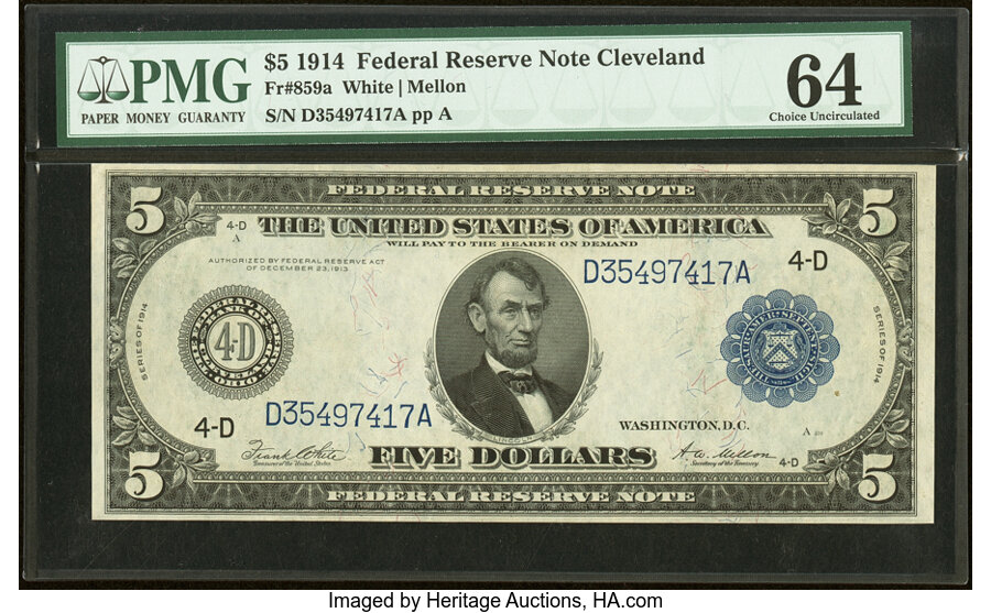 image for: Fr. 859a $5 1914 Federal Reserve Note PMG Choice Uncirculated 64....