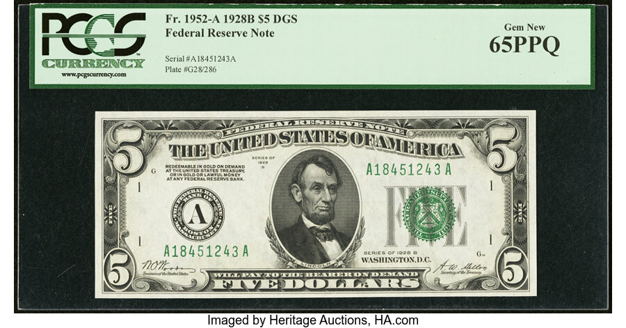 image for: Fr. 1952-A $5 1928B Federal Reserve Note. PCGS Gem New 65PPQ....
