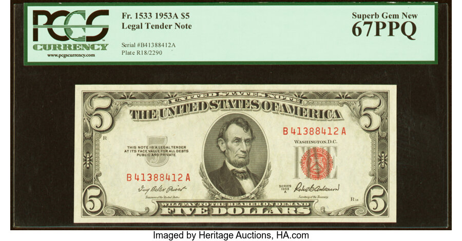 image for: Fr. 1533 $5 1953A Legal Tender Note. PCGS Superb Gem New 67PPQ....