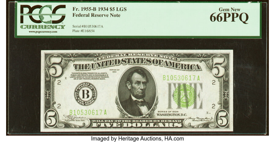 image for: Fr. 1955-B $5 1934 Light Green Seal Federal Reserve Note. PCGS Gem New 66PPQ....