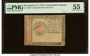 image for: Continental Currency January 14, 1779 $5 Blue Counterfeit Detector PMG About Uncirculated 55....