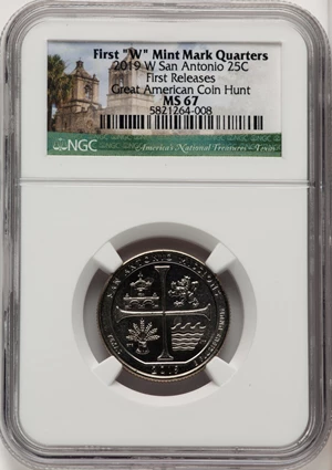 image for: 2019-W 25C San Antonio Missions, First "W" Mint Mark Quarters, First Releases, Great American Coin Hunt MS67 NGC. Ex: Amer...
