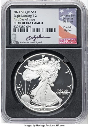 image for: 2021-S $1 Silver Eagle, Type Two, Designer Set, First Day of Issue, PR70 Ultra Cameo NGC. David J. Ryder Signature. NGC Cen...