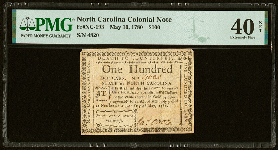 image for: North Carolina May 10, 1780 $100 Fortis Cadere Cedere Non Potest PMG Extremely Fine 40 Net....
