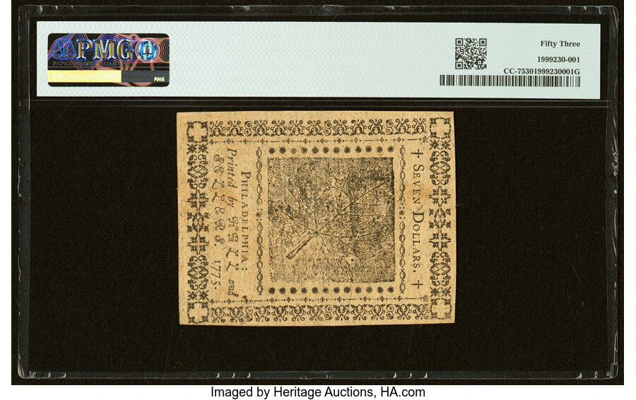 image for: Continental Currency May 10, 1775 $7 PMG About Uncirculated 53....