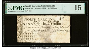 image for: North Carolina March 9, 1754 30s PMG Choice Fine 15....