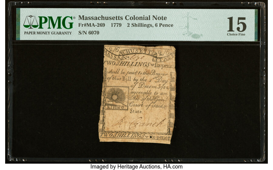 image for: Massachusetts 1779 2s 6d PMG Choice Fine 15....