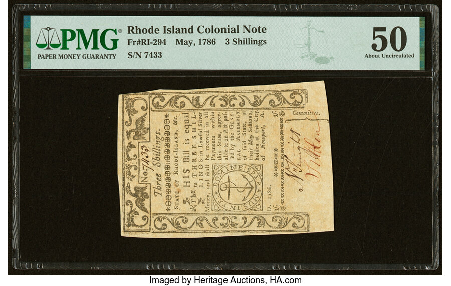image for: Rhode Island May 1786 3s PMG About Uncirculated 50....