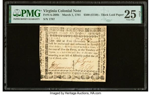 image for: Virginia March 1, 1781 $500 Printed on Thick Laid Paper PMG Very Fine 25 Net....