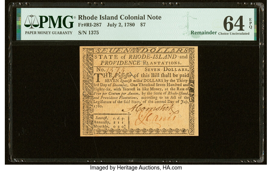 image for: Rhode Island July 2, 1780 $7 Remainder PMG Choice Uncirculated 64 EPQ....