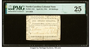 image for: North Carolina April 23, 1761 20s PMG Very Fine 25....