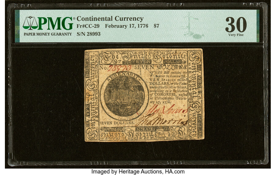 image for: Continental Currency February 17, 1776 $7 PMG Very Fine 30....