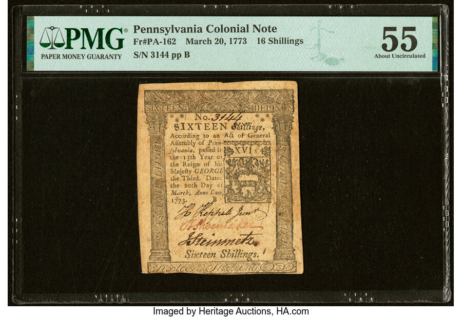 image for: Pennsylvania March 20, 1773 16s PMG About Uncirculated 55....