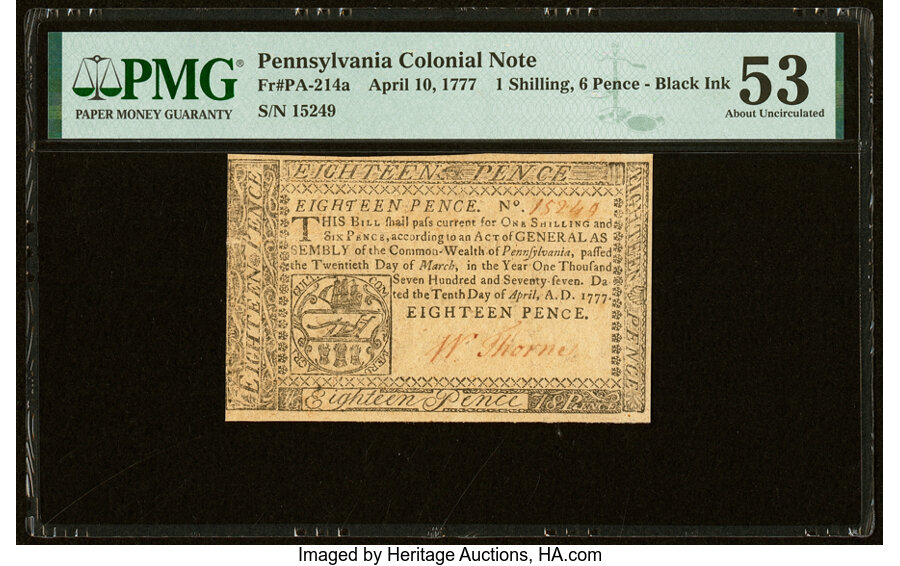 image for: Pennsylvania April 10, 1777 1s 6d PMG About Uncirculated 53....
