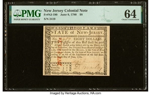 image for: New Jersey June 9, 1780 $8 PMG Choice Uncirculated 64....