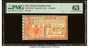 image for: New Jersey March 25, 1776 £6 PMG Choice Uncirculated 63....