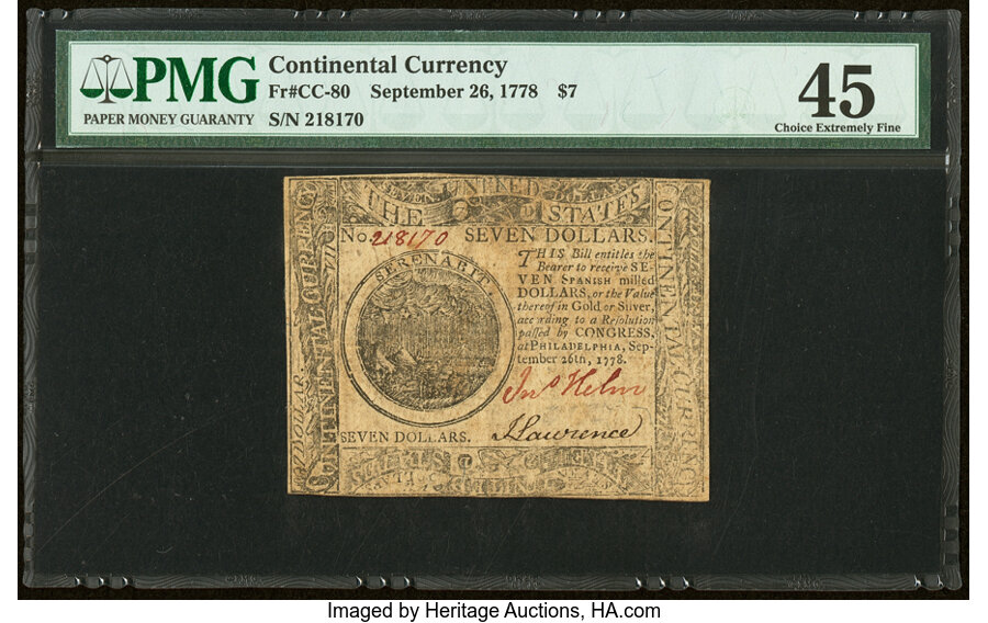 image for: Continental Currency September 26, 1778 $7 PMG Choice Extremely Fine 45....
