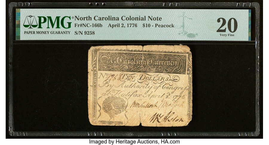 image for: North Carolina April 2, 1776 $10 Peacock PMG Very Fine 20....