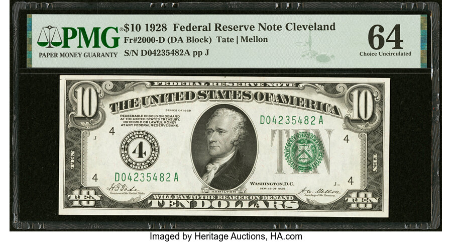 image for: Fr. 2000-D $10 1928 Federal Reserve Note. PMG Choice Uncirculated 64....
