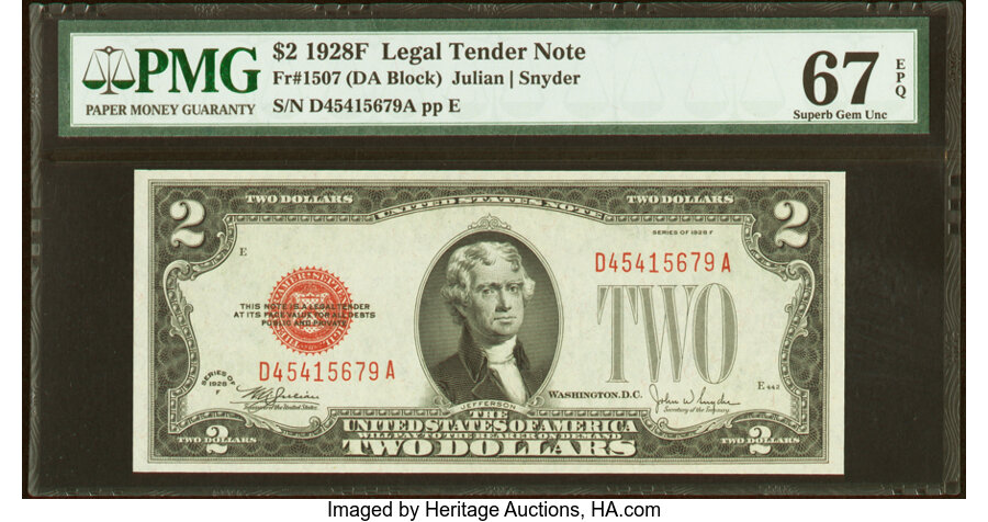 image for: Fr. 1507 $2 1928F Legal Tender Note. PMG Superb Gem Unc 67 EPQ....